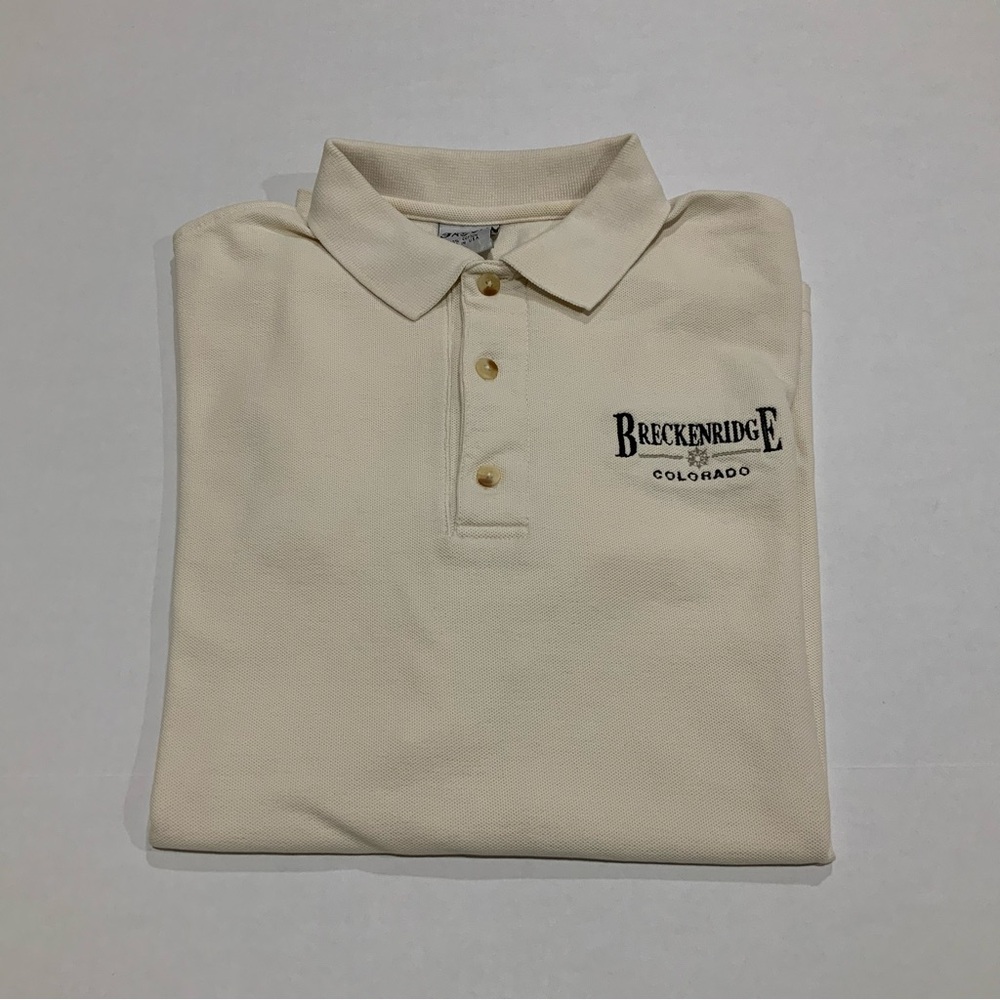 Men’s Large Beige Polo Short Sleeve Shirt - Breckenridge Colorado Embroidery